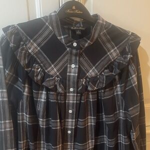 Brooks Brothers Black and Gray Plaid Ruffle Blouse
